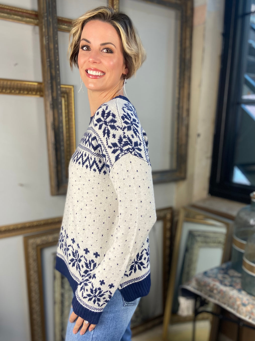 Ellisa Ivory & Navy Pattern Knit Sweater