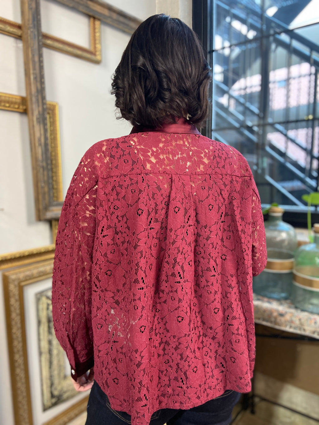 Nancie Wine Lace Button Up Top