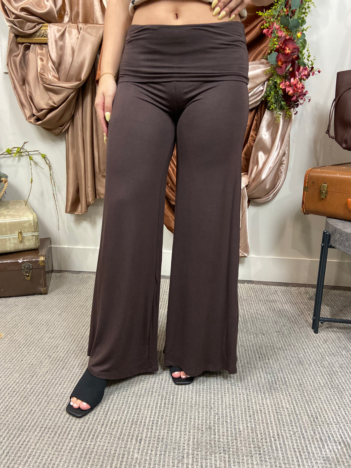 Zia Dark Brown Fold Over Wide Leg Pants