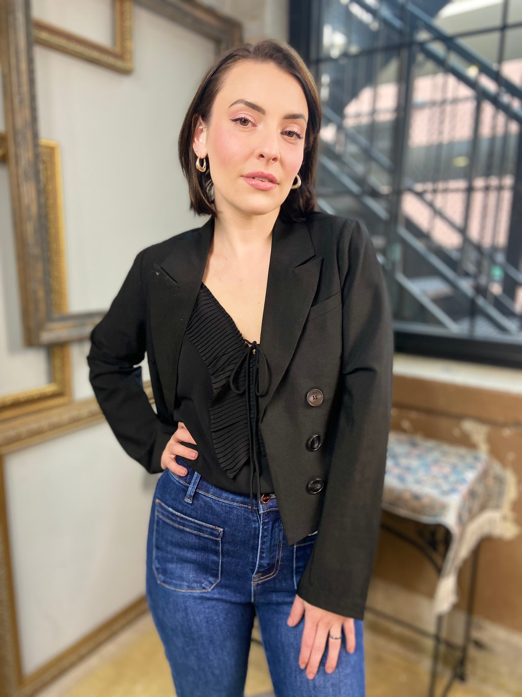 Joy Black Cropped Button Blazer Jacket