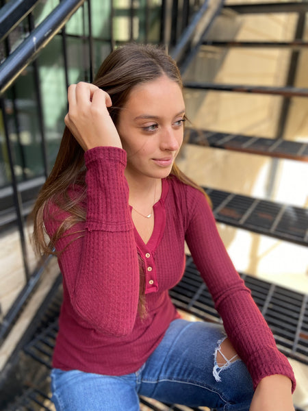 Wine Waffle Knit Henley Top