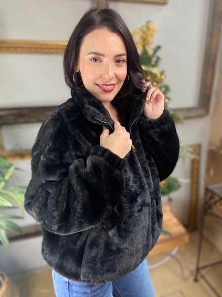 Black fur jacket with zipper closure