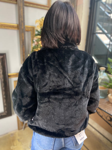 Back view of black fur jacket paired with blue jeans