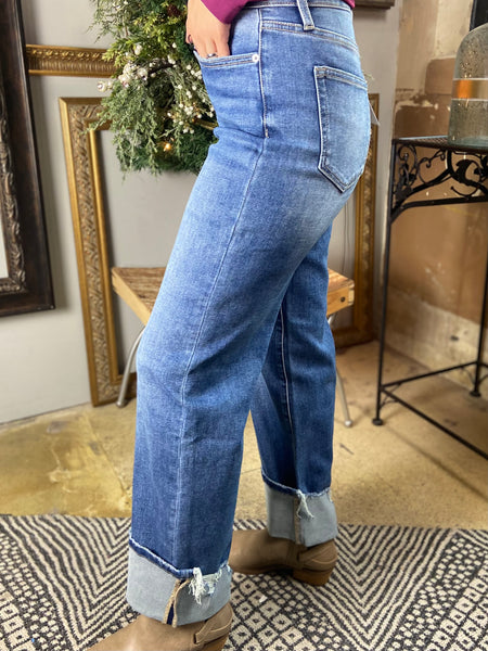 Side View of Mica Brand Cuffed Straight Leg Jeans