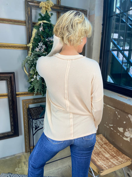 Back view of a Cream colored corded sweatshirt from Zenana