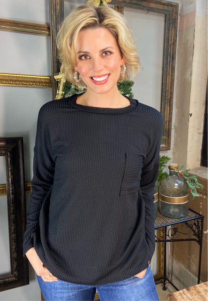 Black corded sweatshirt with front chest pocket from Zenana