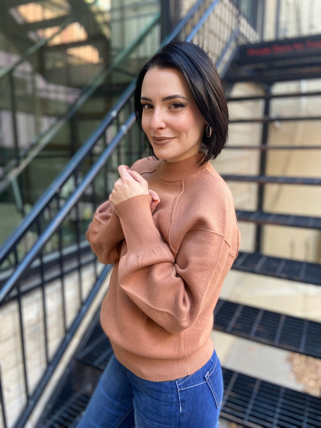 Amelie Deep Camel Mock Neck Sweater