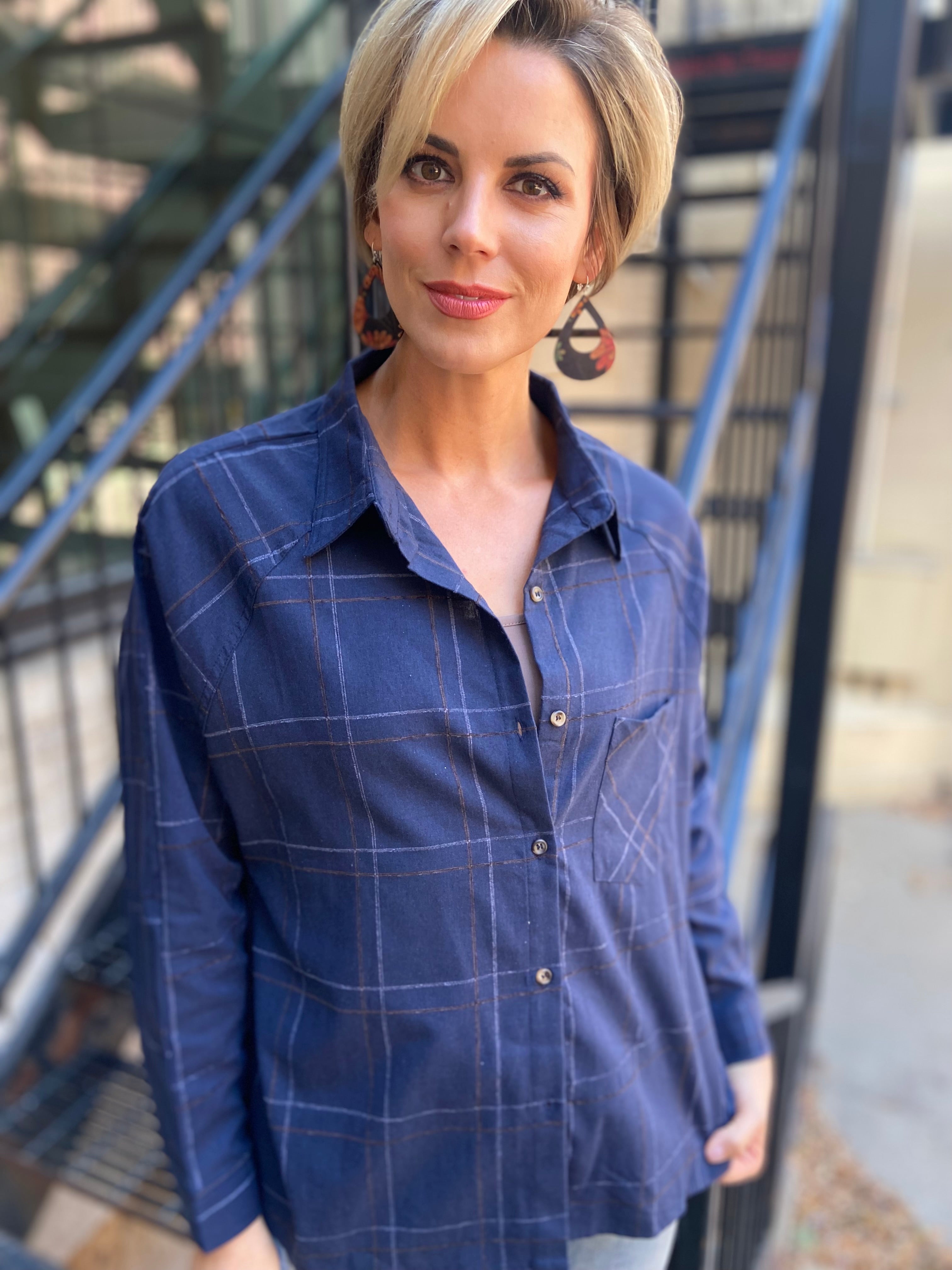 Aria Navy Pattern Button Up Top