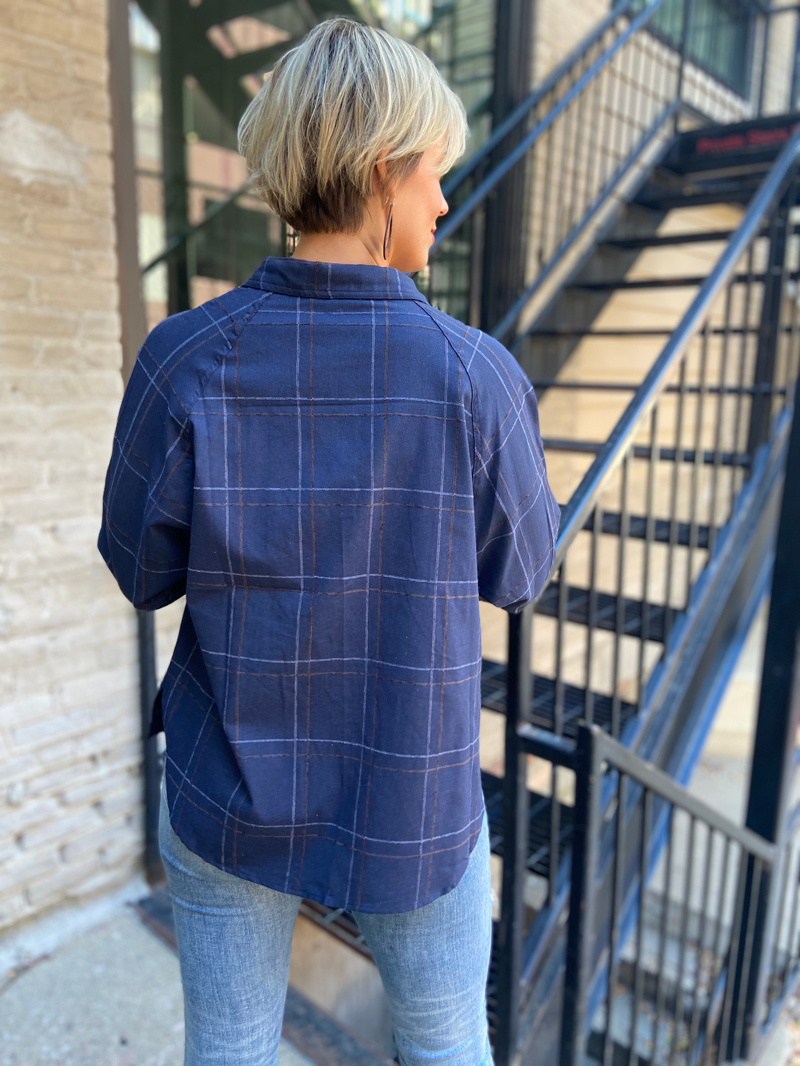 Aria Navy Pattern Button Up Top