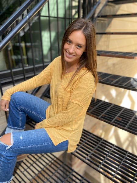 mustard colored waffle knit top