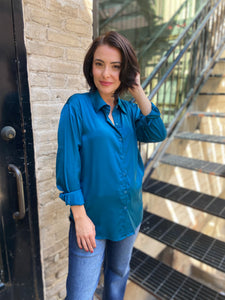 Eloise Teal Satin Button Down Top