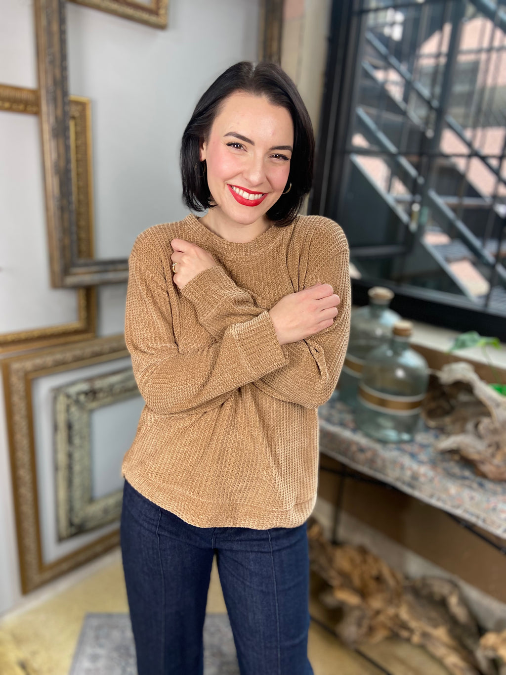 Kayla Deep Camel Chenille Waffle Round Neck Sweater