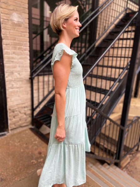 Stella Light Teal Smocked Tiered Midi Dress