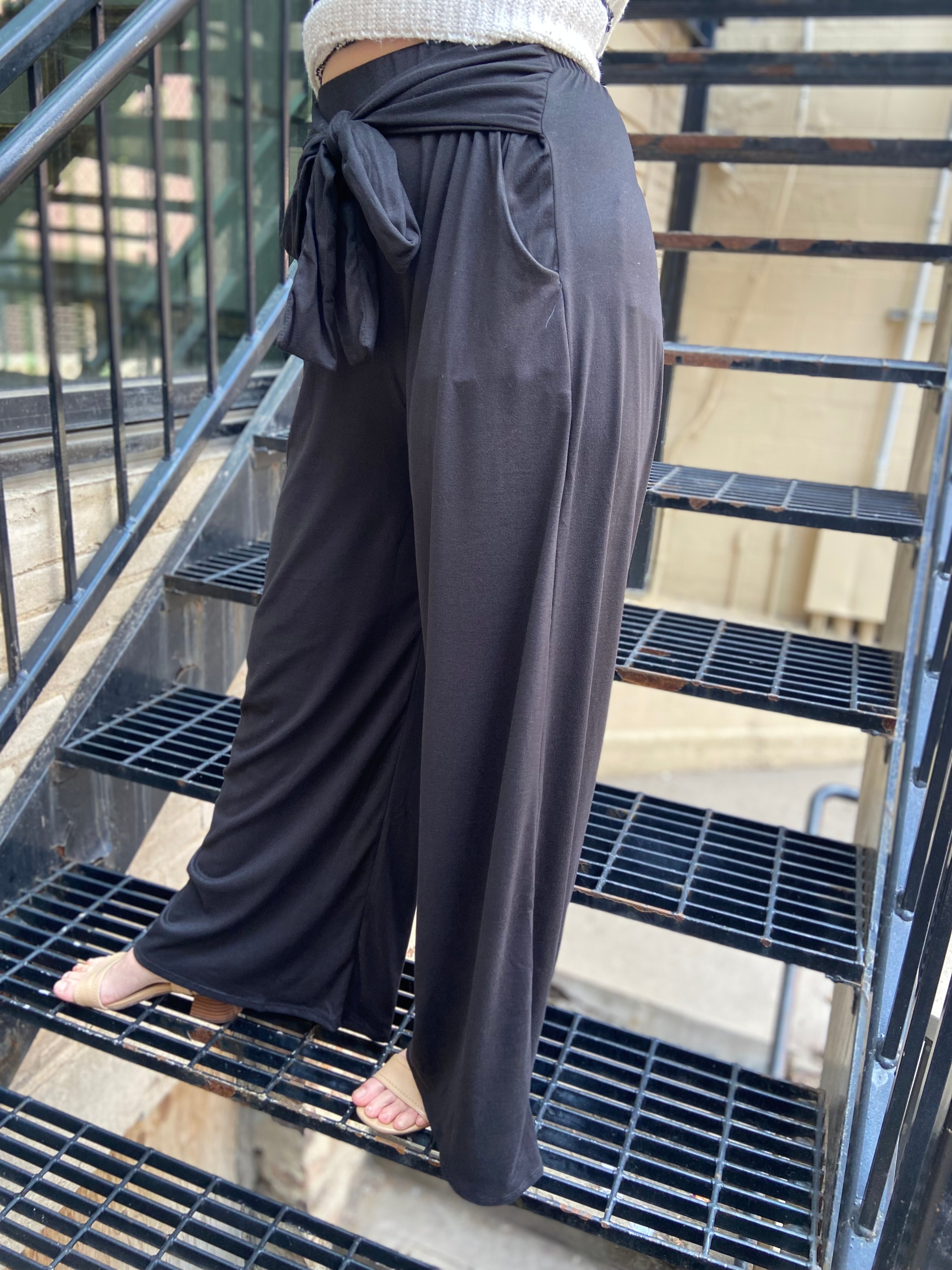 Barry Black Front Tie Knit Palazzo Pants