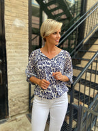 Allison Cream and Navy Floral Quarter Sleeve Blouse