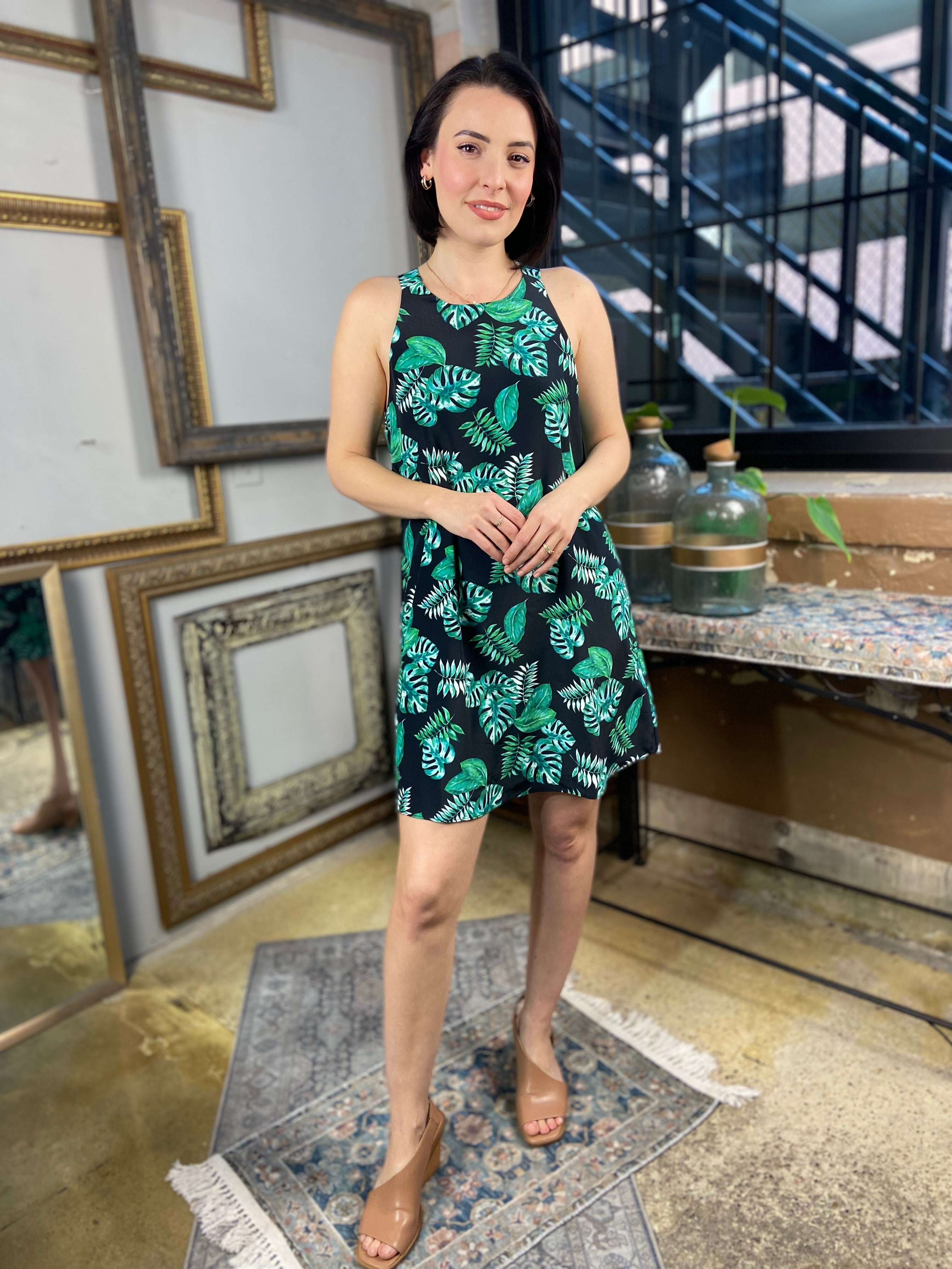 Angelina Black Tropical Print Halter Dress