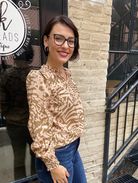 Lelah Taupe Abstract Long Sleeve Top
