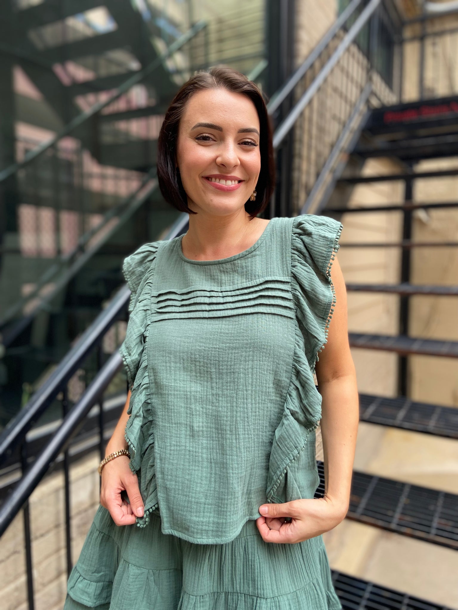 Alianne Moss Green Gauze Ruffle Top