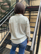 Sallie Moss Green Front Tuck Striped Long Sleeve