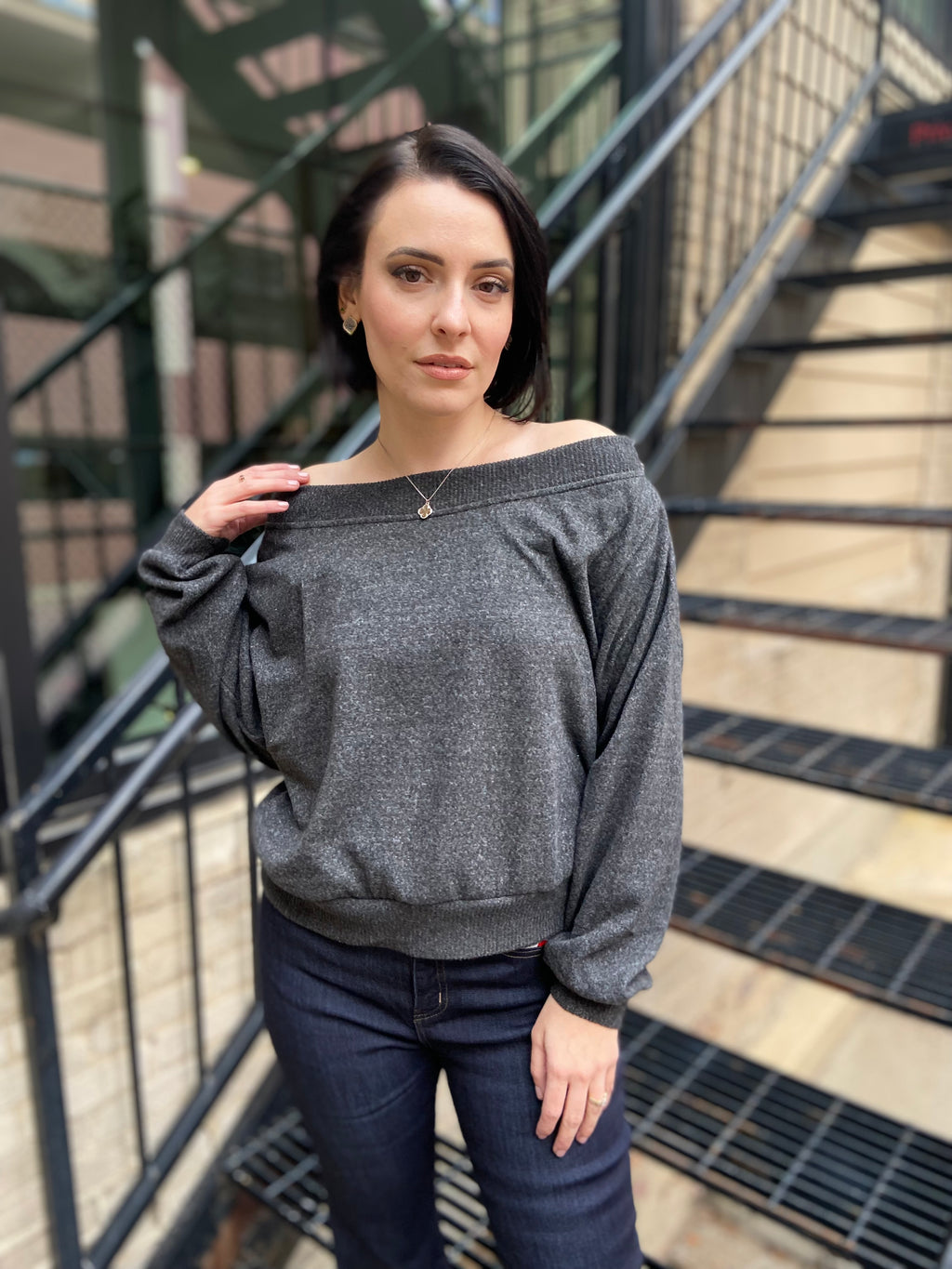 Molly Gray Rib Off The Shoulder Sweater