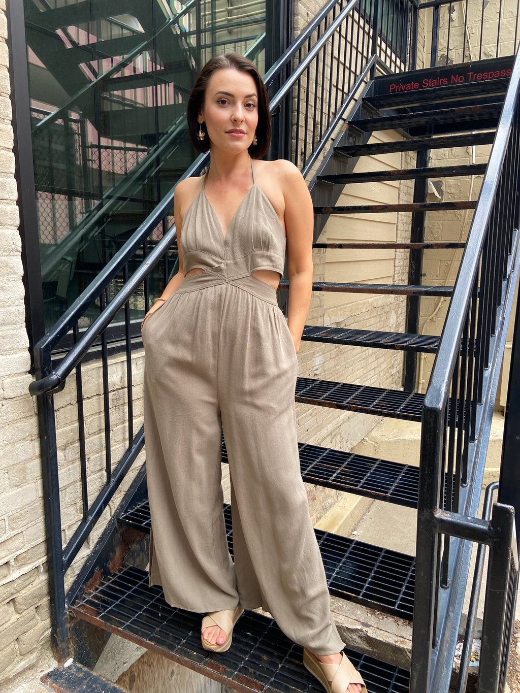 Lia Olive Grey Halter Neck Jumpsuit