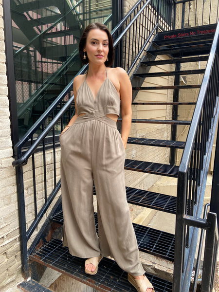Lia Olive Grey Halter Neck Jumpsuit