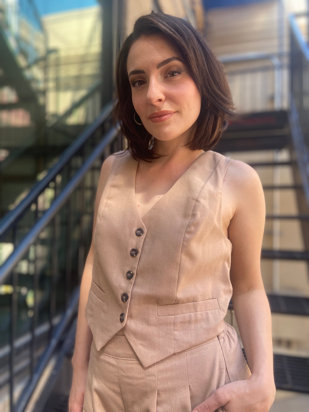 Olivia Taupe Linen Button Up Vest