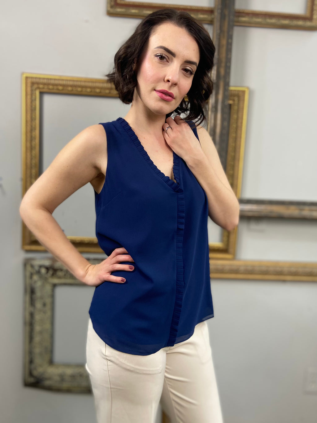 Larissa Navy Blue Pleated Ruffle V- Neck Top - MK Threads Boutique