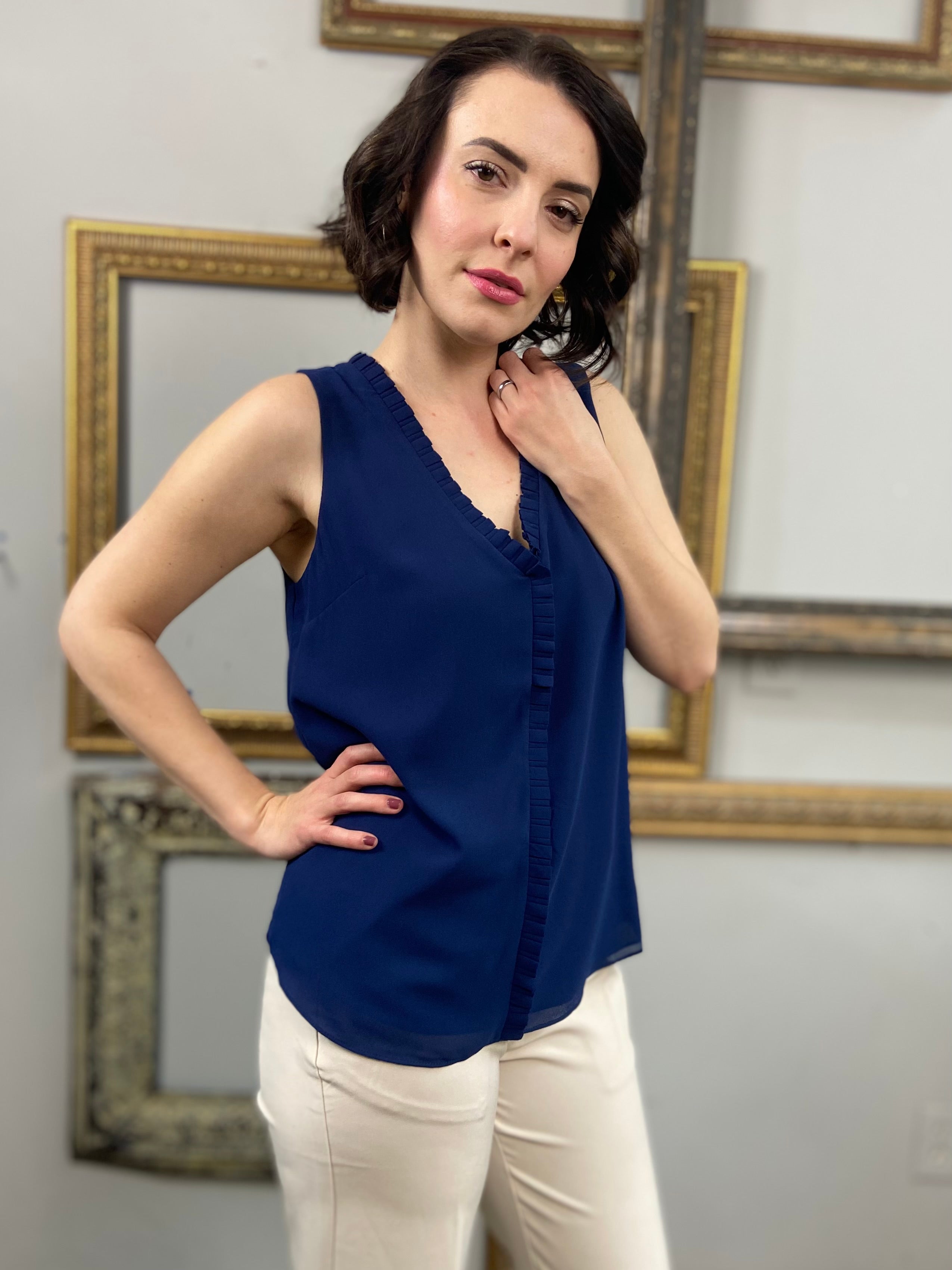 Larissa Navy Blue Pleated Ruffle V- Neck Top - MK Threads Boutique