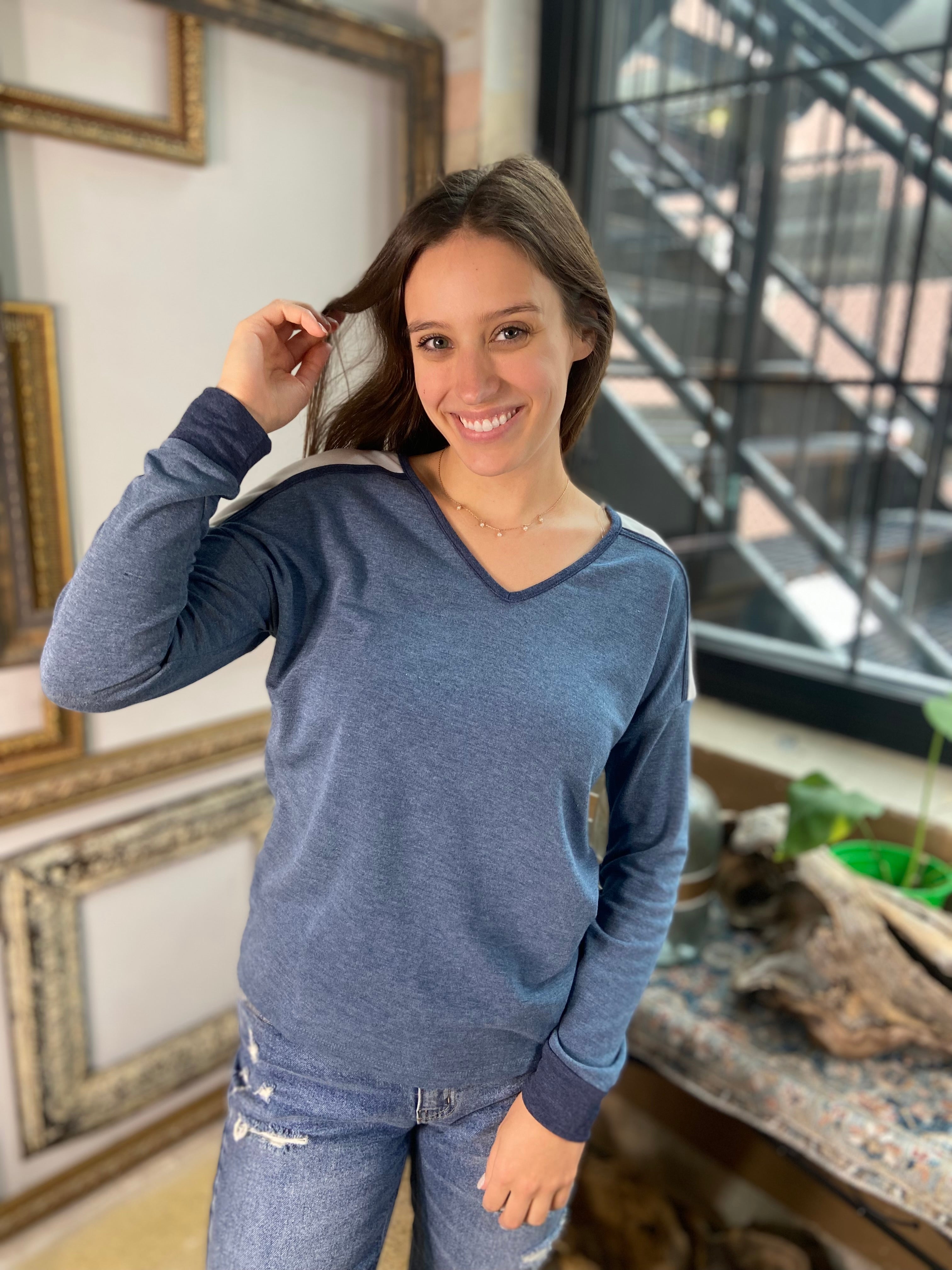 Lucy Teal Trim V-Neck Long Sleeve