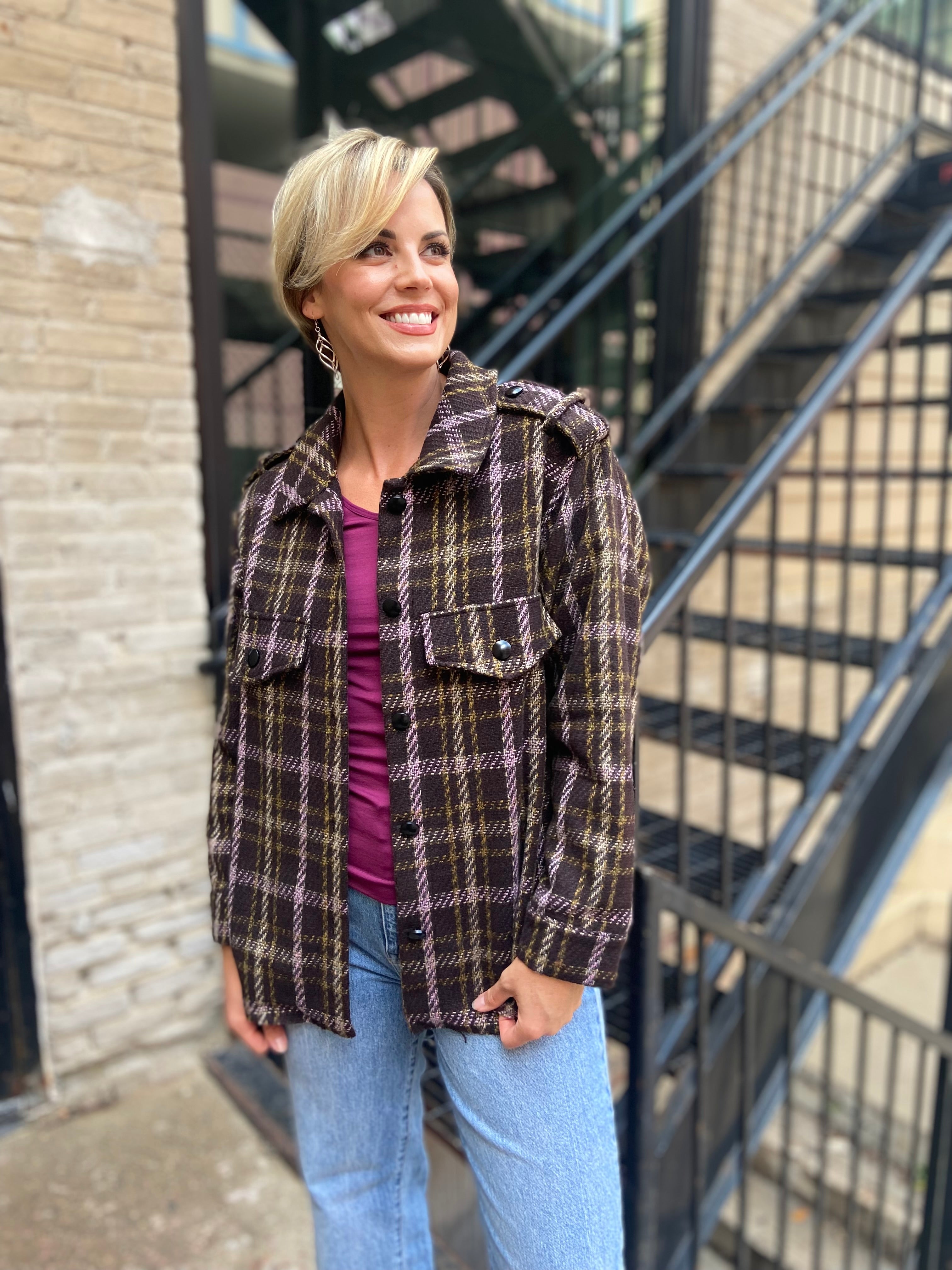 Lydia Brown Plaid Button Down Shacket