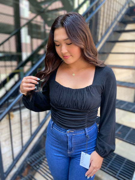 Brycen Black Shirred Cropped Top