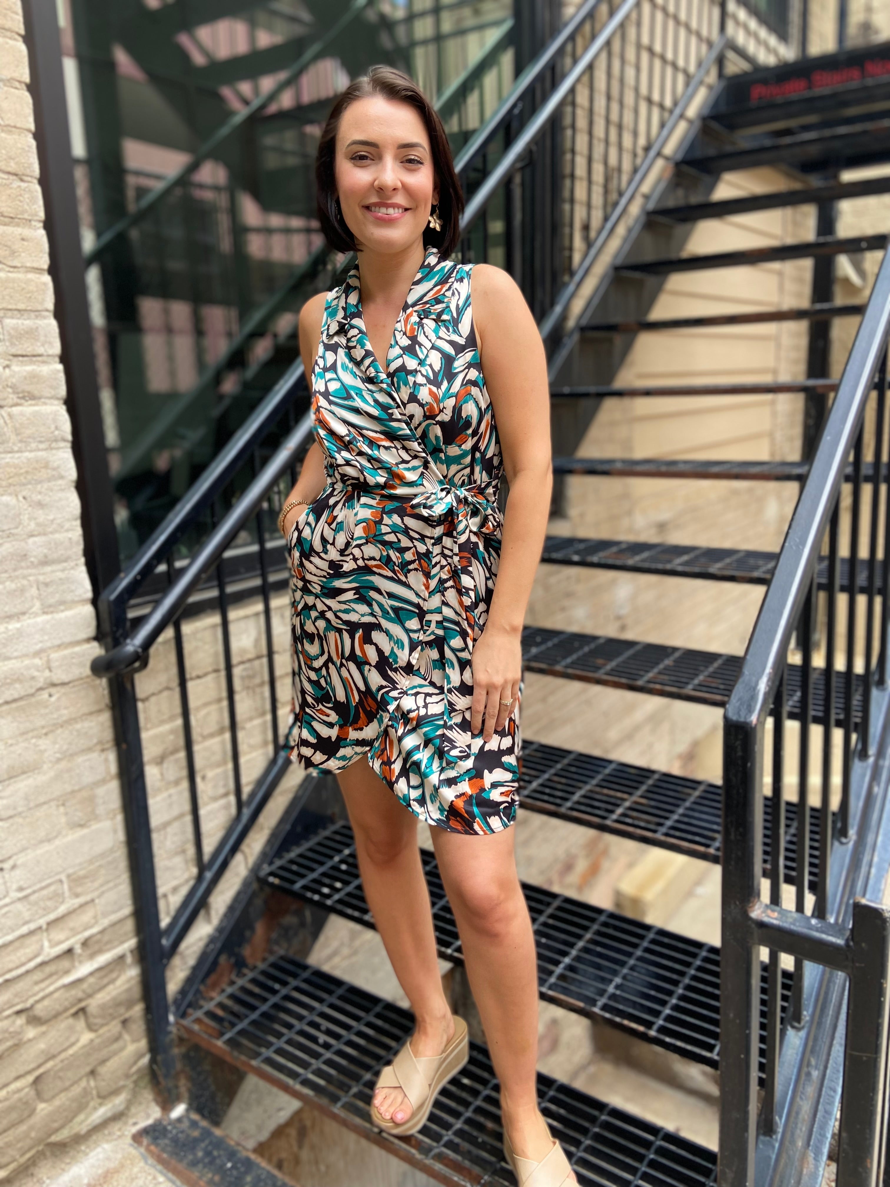Penelope Teal Satin Floral Sleeveless Dress
