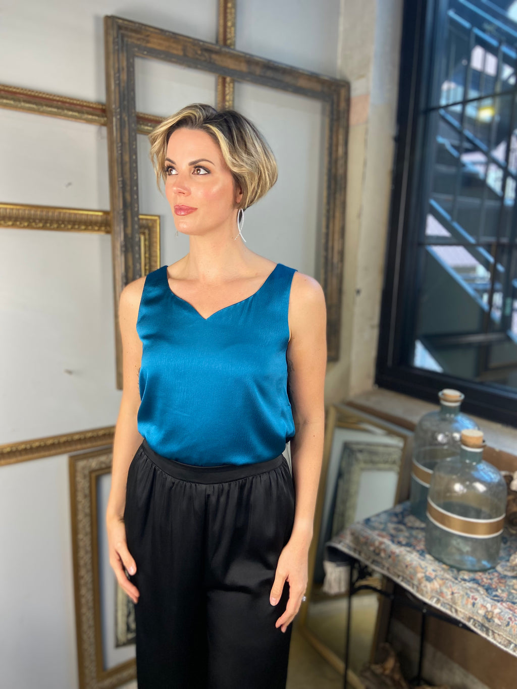 Foster Teal Plunge Neck Sleeveless Top