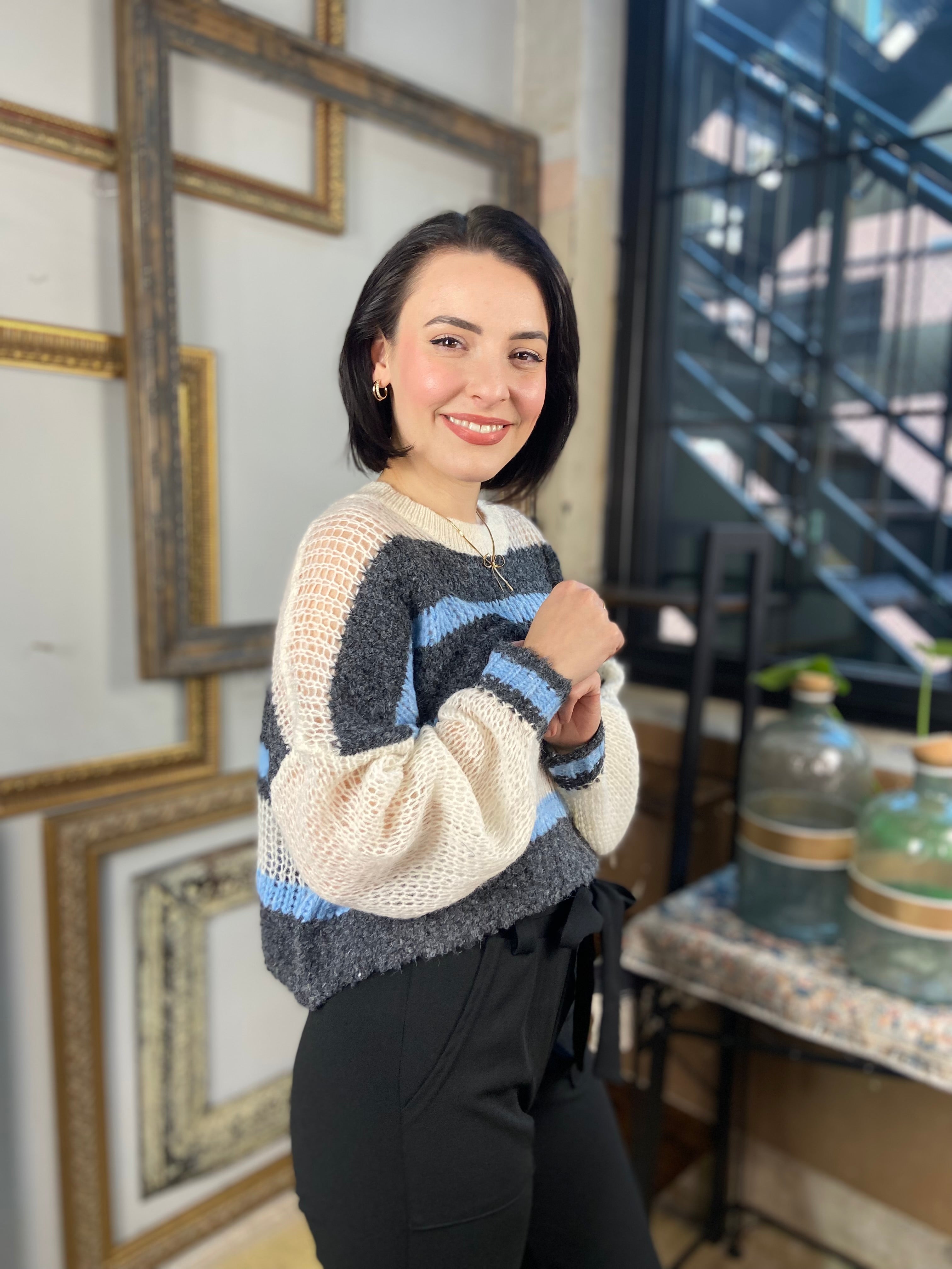 Melody Navy Stripe Crochet Sweater