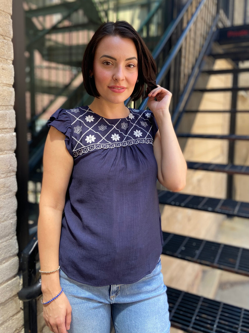Vireo Navy Floral Embroidered Detail Top