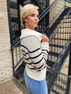 Kim Cream & Black Striped Half Zip Sweater