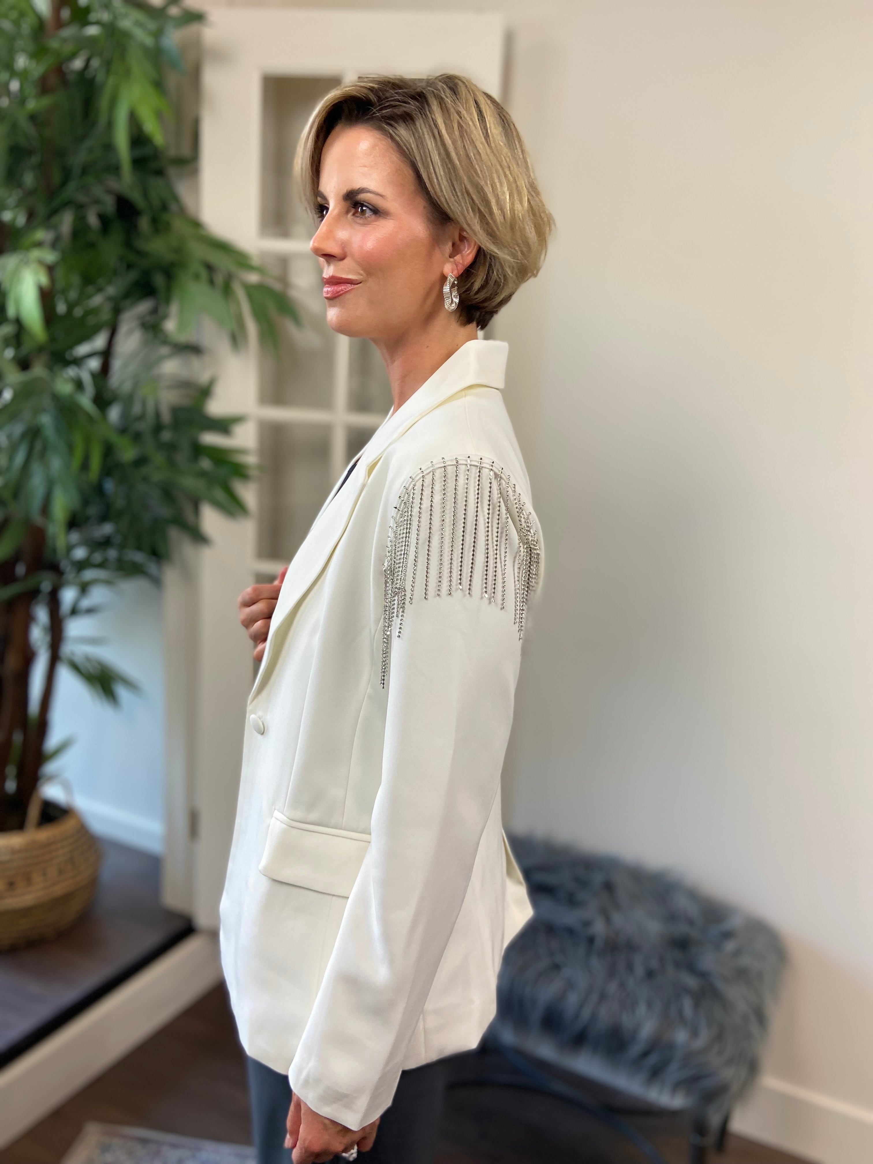 Veronica Off White Rhinestone Chain Detail Blazer - MK Threads Boutique
