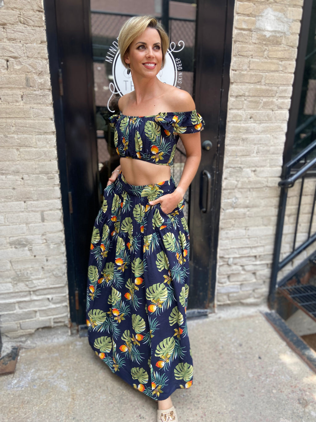 Kathy Navy Tropical Maxi Skirt Set