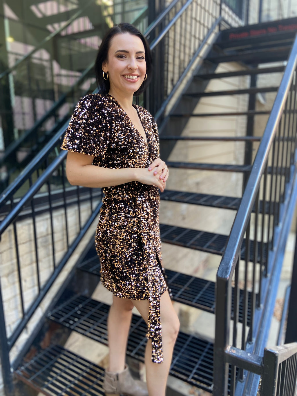 Peyton Black & Gold Sequin Wrap Mini Dress