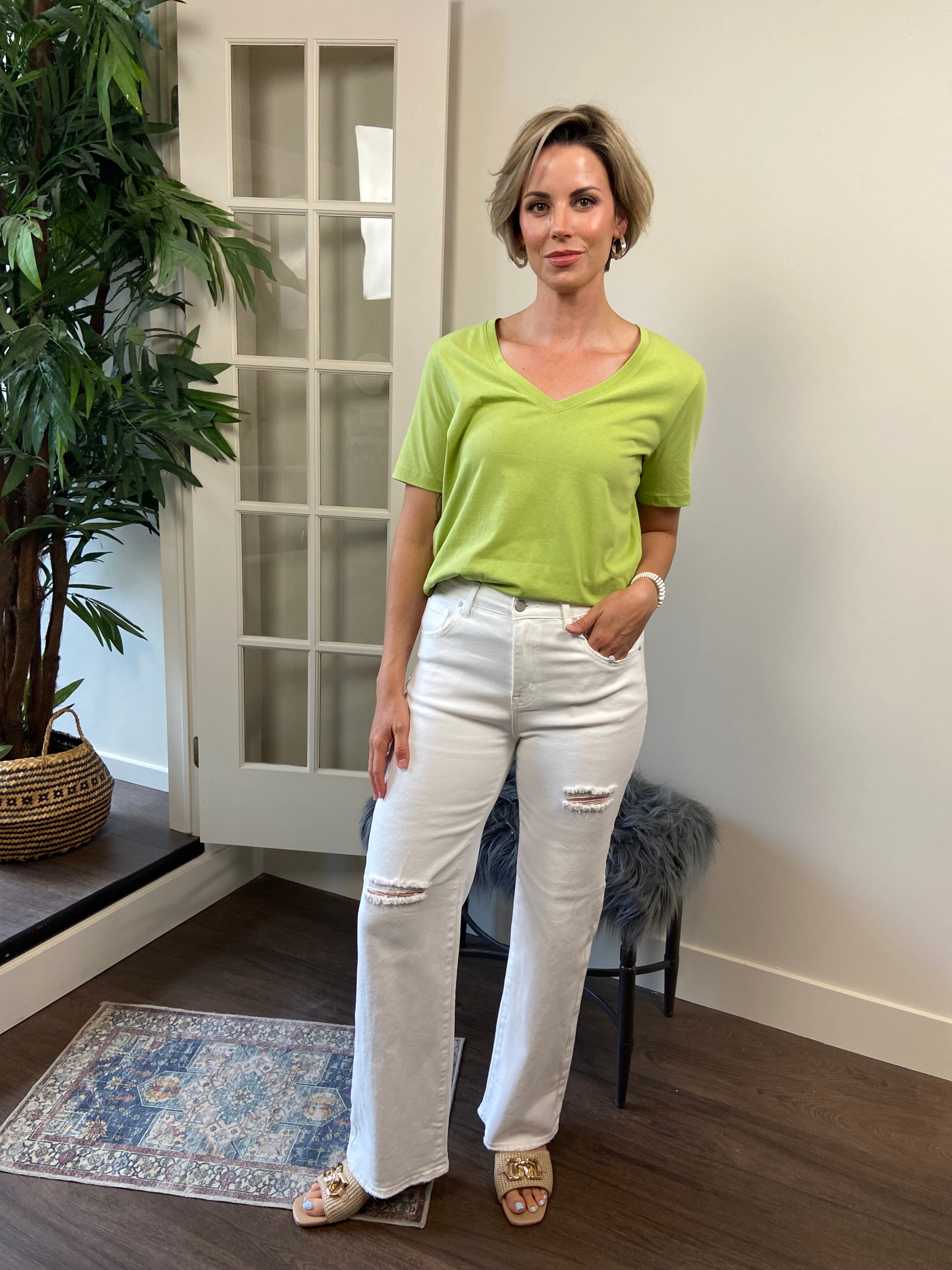 Hallie Light Olive V Neck Short Sleeve Top - MK Threads Boutique
