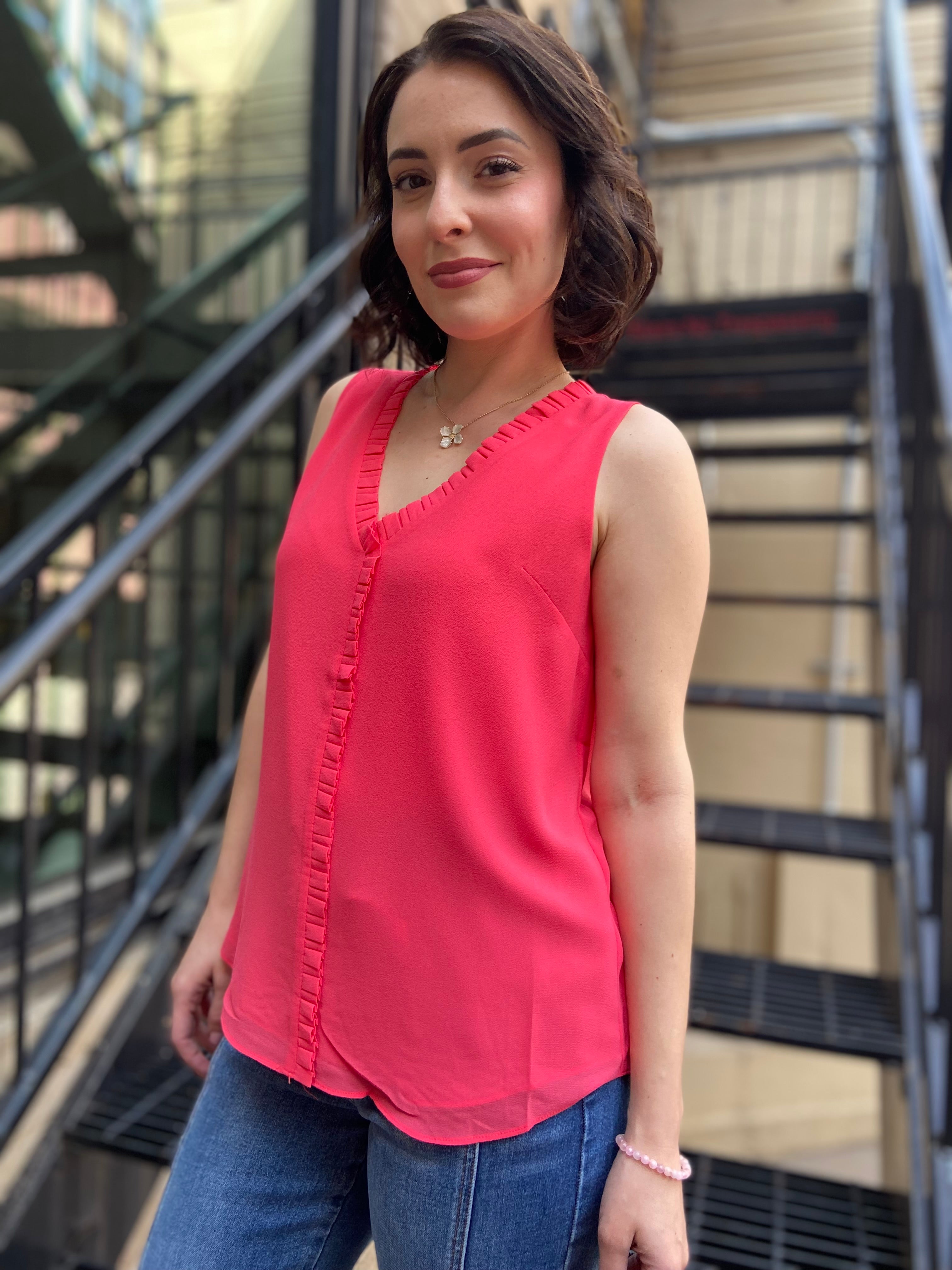 Larissa Watermelon Pleated Ruffle V- Neck Top