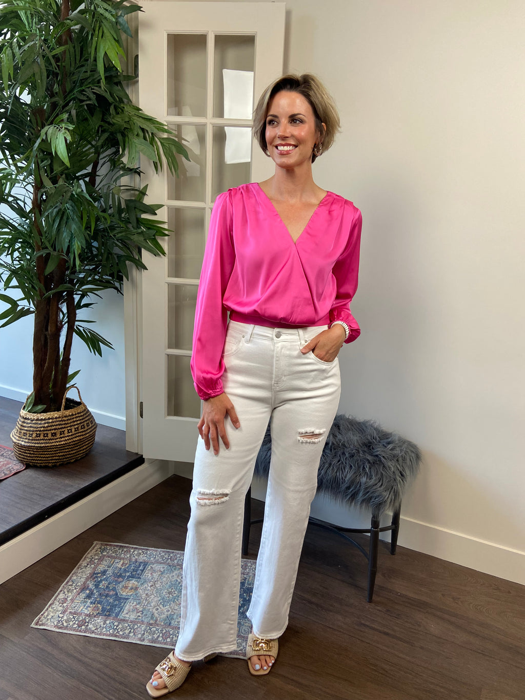 Elio Hot Pink V Neck Long Sleeve Blouse - MK Threads Boutique