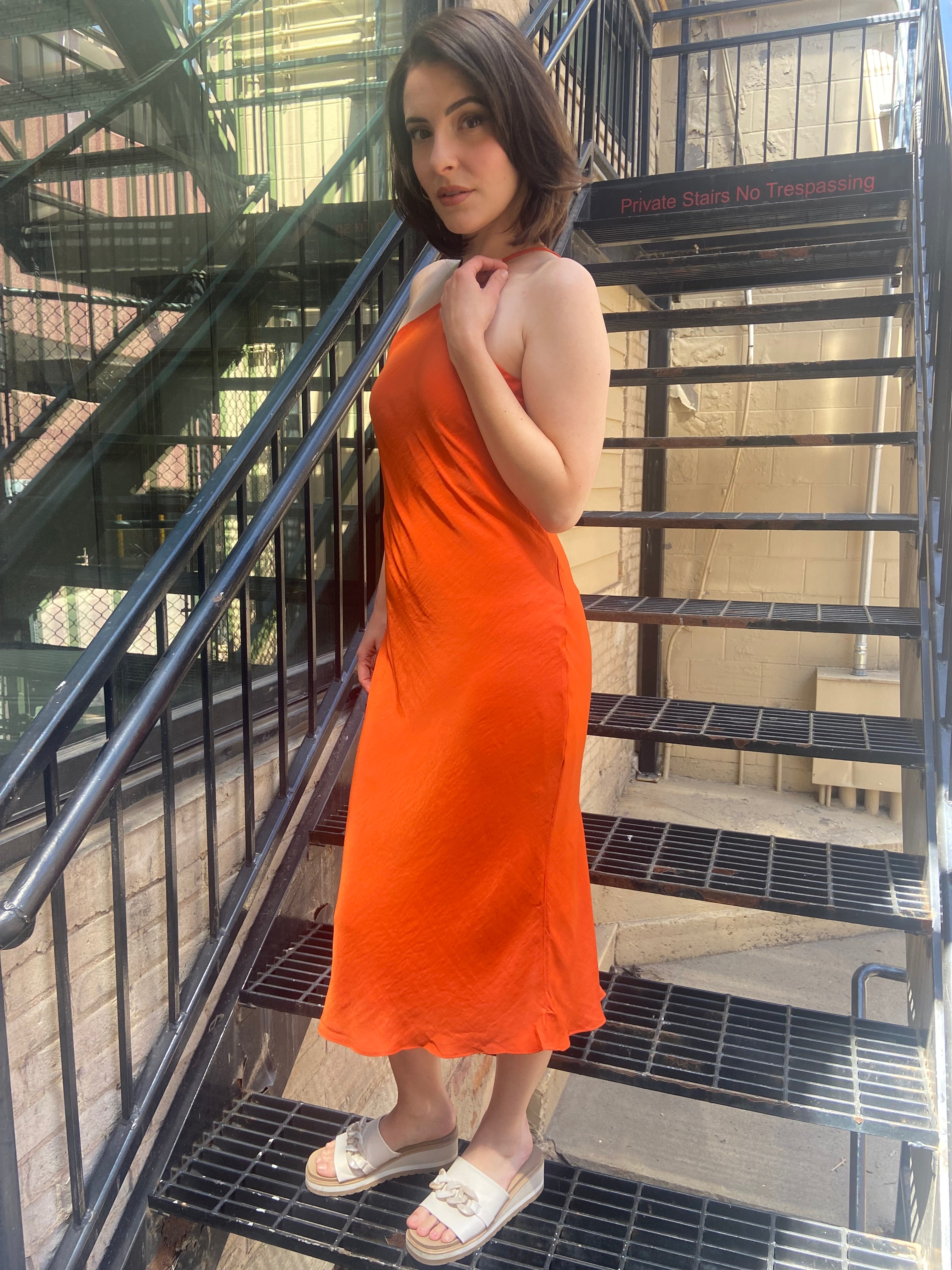 Cassey Orange Satin Halter Top Maxi Dress