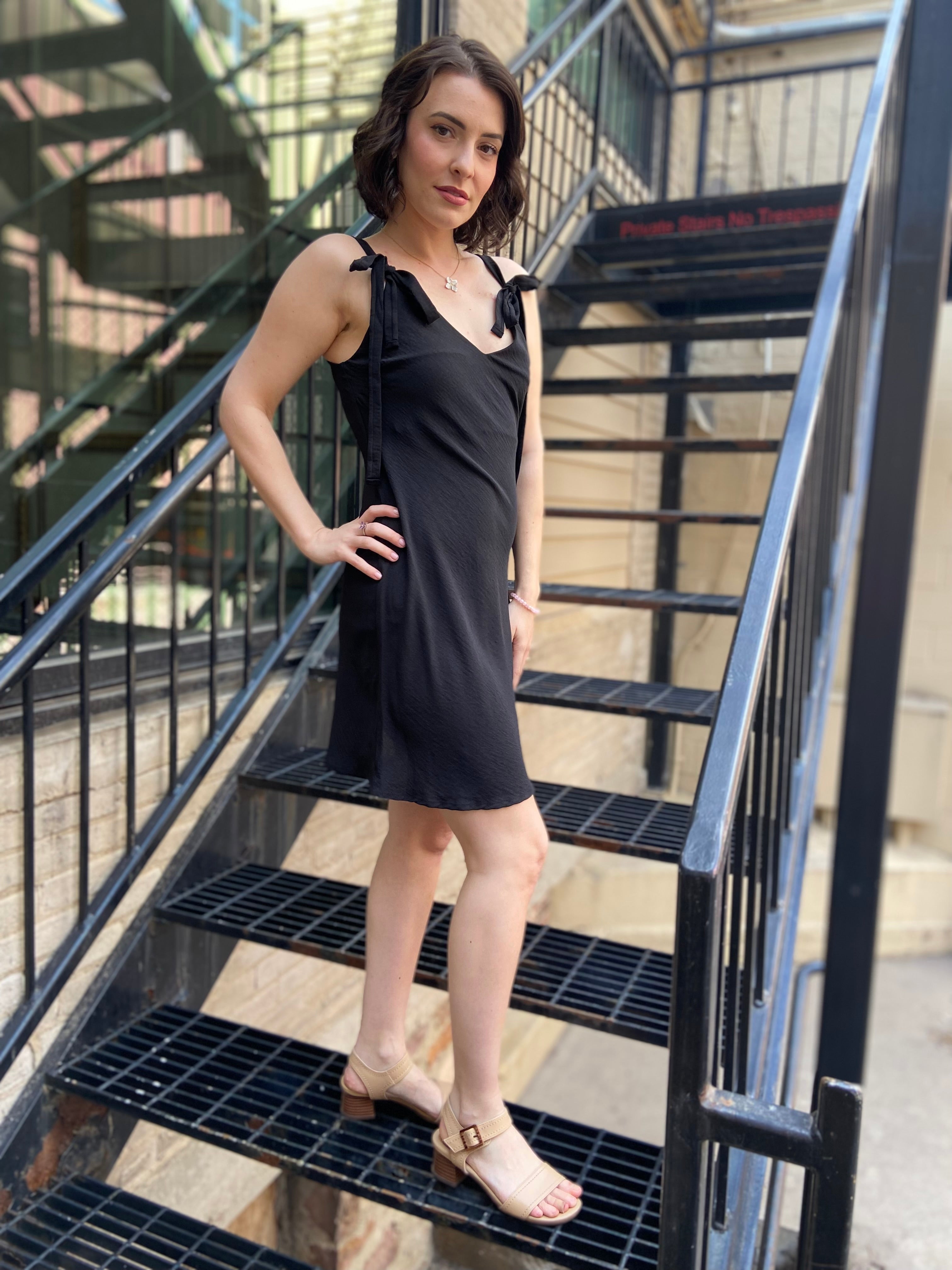 Jodie Black Shoulder Tie Mini Dress