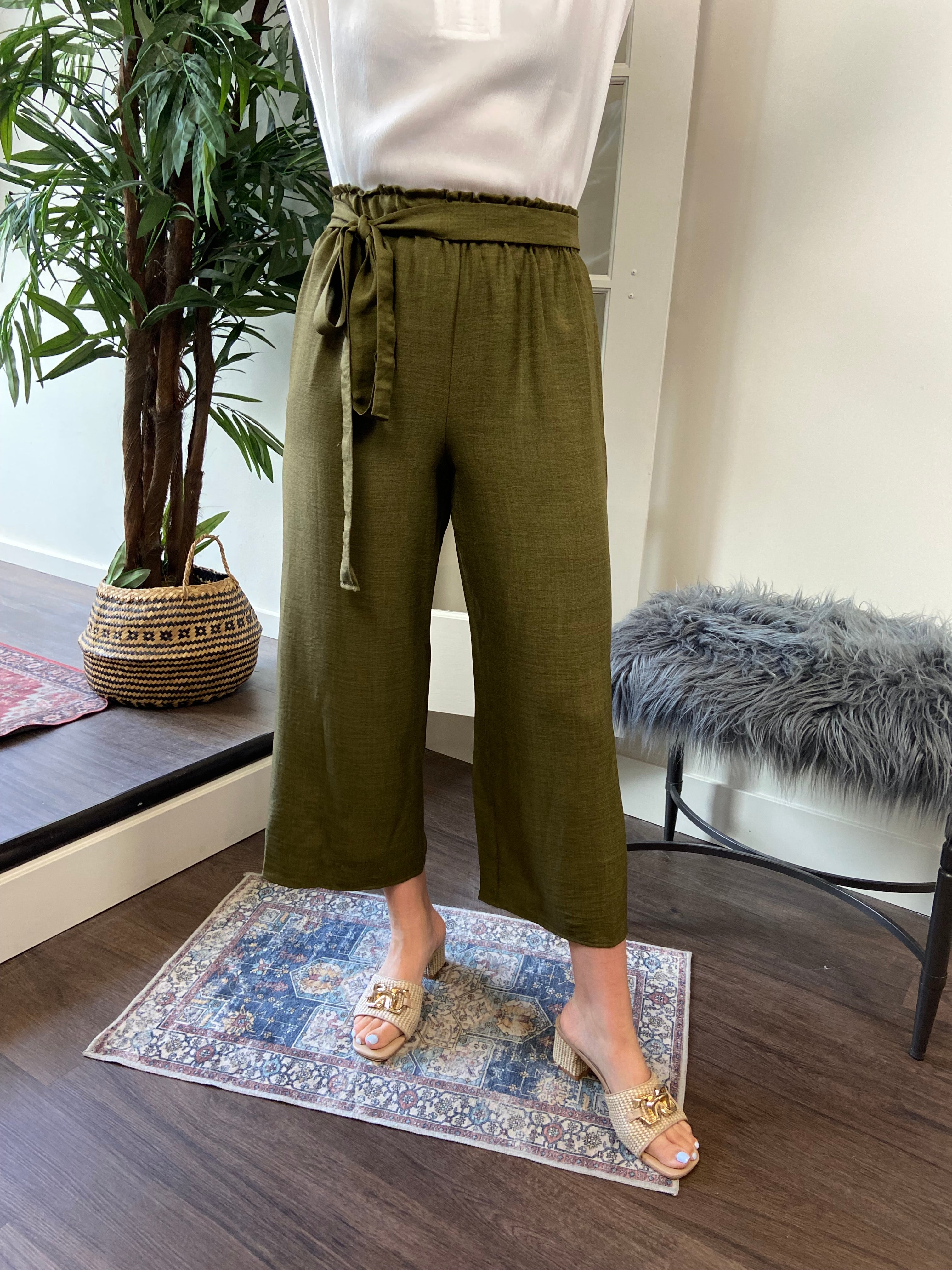 Cora Olive Green Wide Leg Tie Waist Pants - MK Threads Boutique