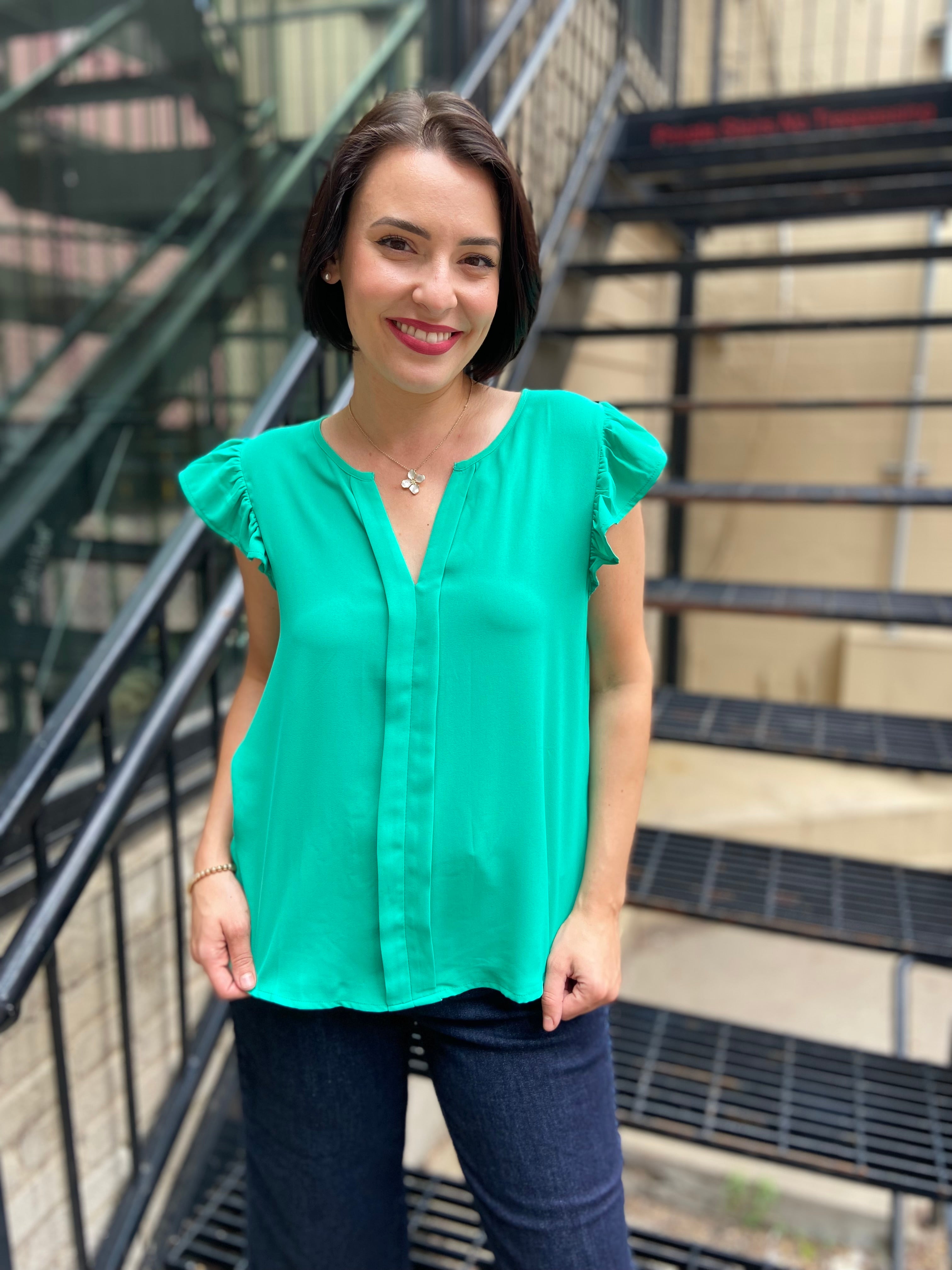 Bodhi Light Emerald Flutter Sleeve Blouse