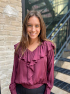 Nicole Raisin Ruffled V-Neck Long Sleeve Blouse