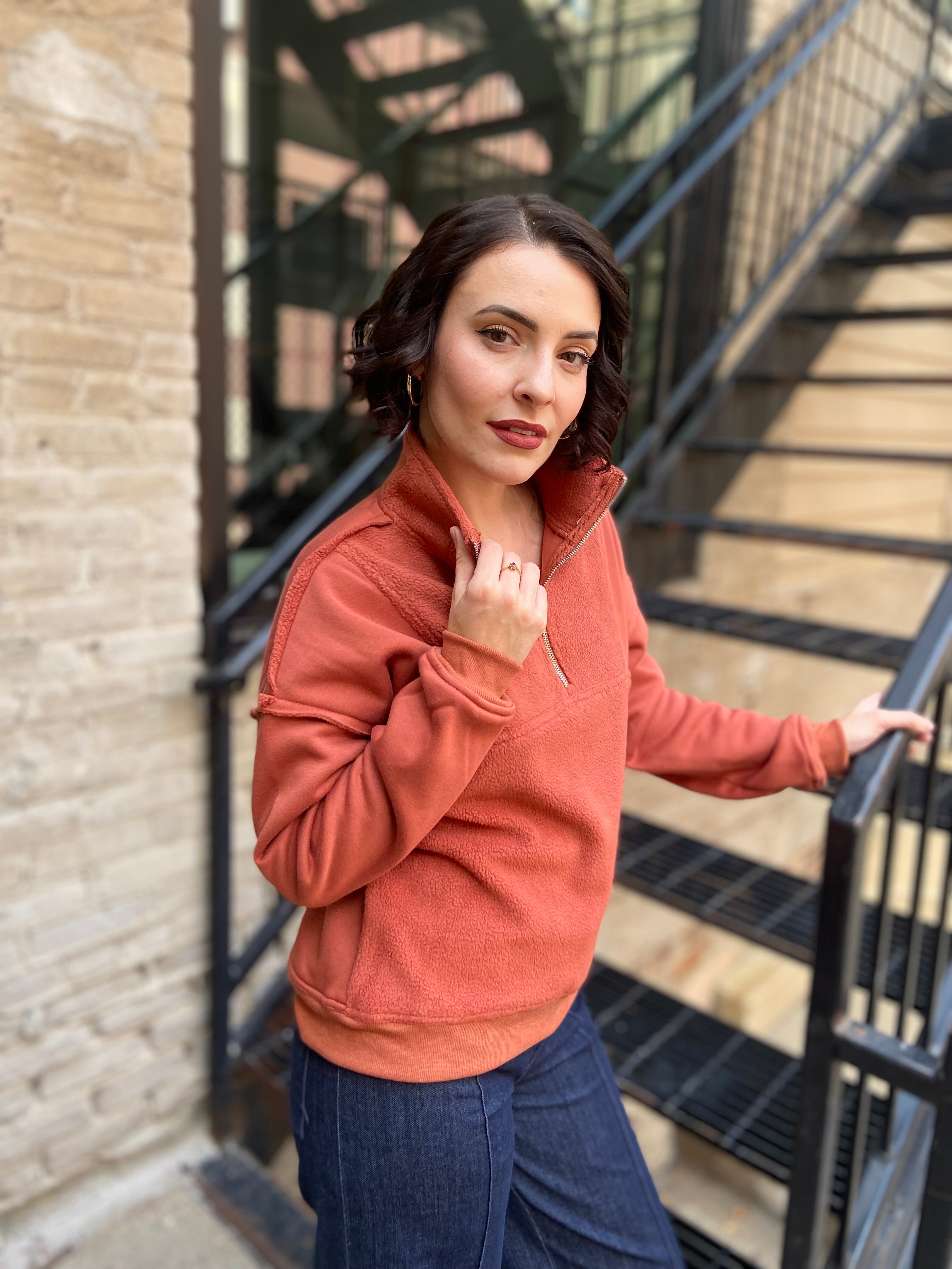 Kory Rust Half Zip Fleece Sweatershirt