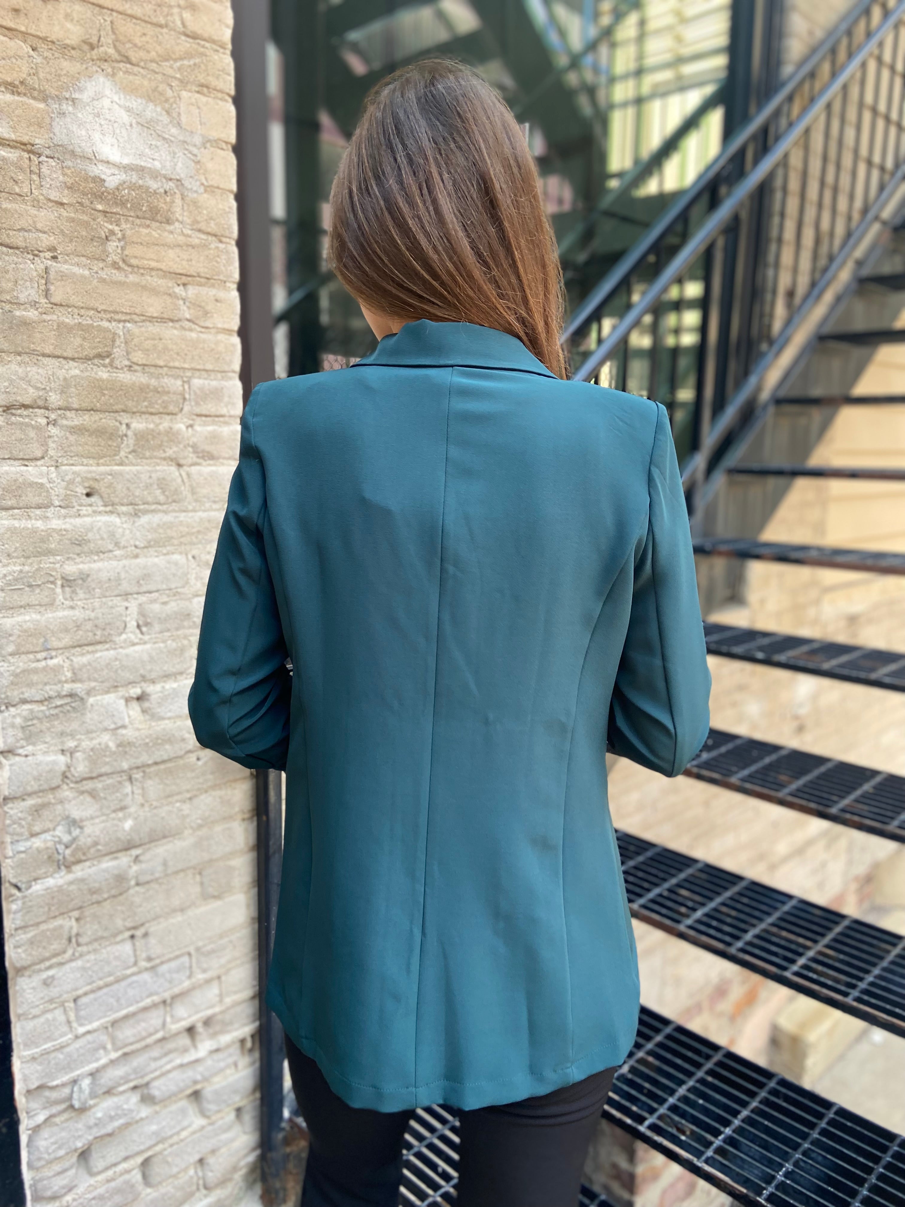 Irena Hunter Green Half Sleeve Open Cropped Blazer